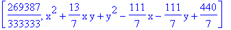 [269387/333333, x^2+13/7*x*y+y^2-111/7*x-111/7*y+440/7]